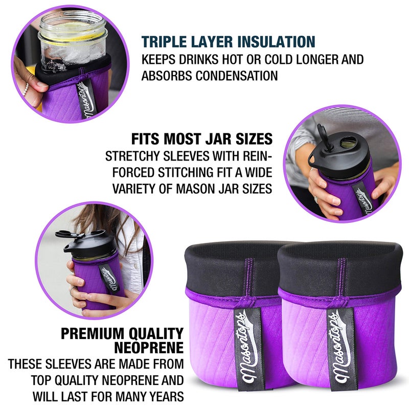 Masontops Wide Mouth Mason Jar Neoprene Sleeve - Purple - Triple Insulated Cozy - 2 Sleeves Cover 16-24 oz & Quart Sizes - Image 3